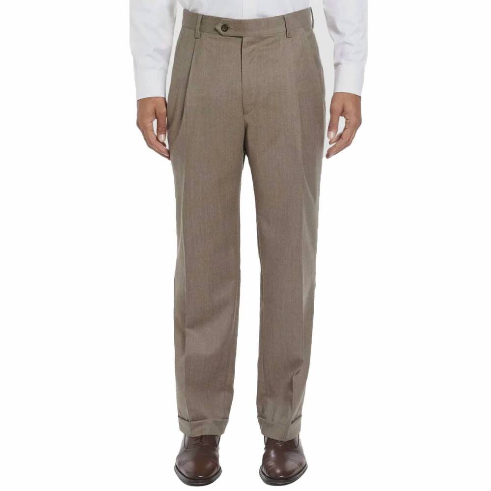 NEW BERLE super 100s worsted wool flannel trouser in tan heather